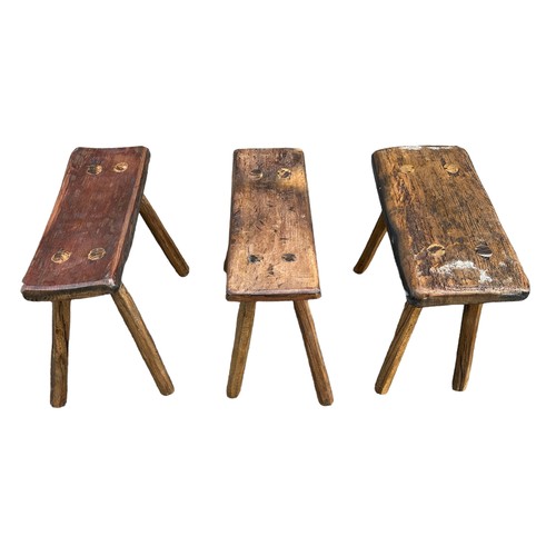 426 - A range of 3 rustic Hungarian wooden stools. W46 x H38cm, W49 x H39cm and W43 x H39cm.