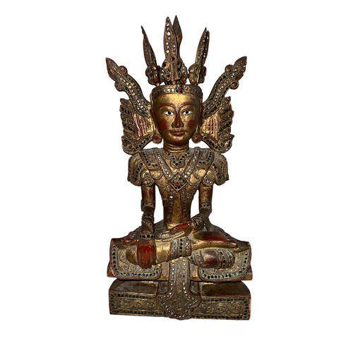 363 - Thailand / Burmese, 20th Century wooden seated crowned Buddha, carved with red lacquer and gold fini... 