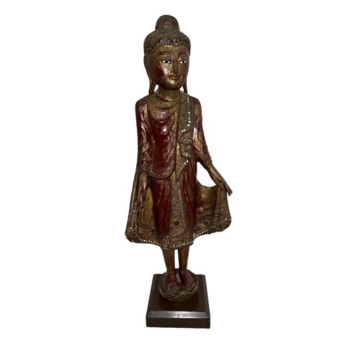 364 - Carved wooden tall standing Buddha, possibly Thai / Burmese, red lacquer and gold finish, mirror and... 