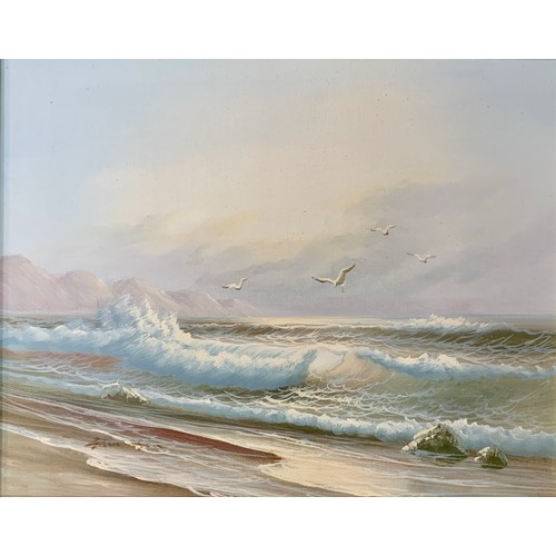 401 - Edmonson (Contemporary), oil on canvas seascape of crashing waves and flying seagulls. Signed ‘Edmon... 