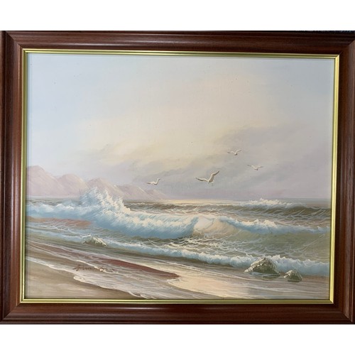 401 - Edmonson (Contemporary), oil on canvas seascape of crashing waves and flying seagulls. Signed ‘Edmon... 