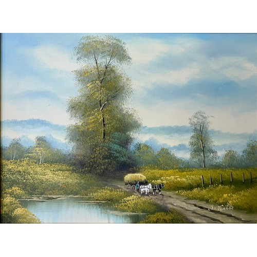 396 - J Watt (British, Contemporary), oil on canvas landscape of a travelling horse and cart. Signed J Wat... 