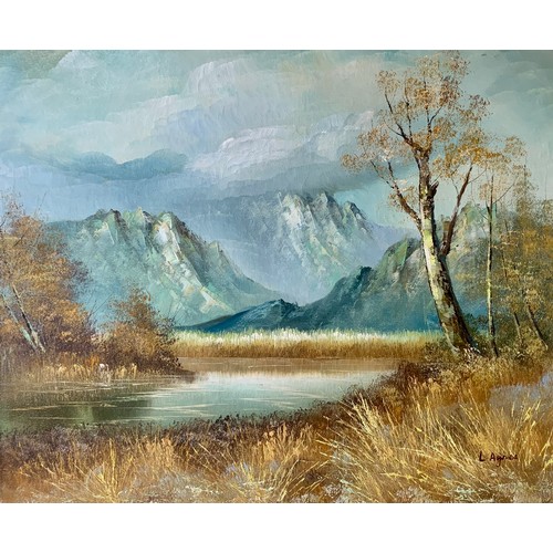 395 - L Ayres (Contemporary), large oil on canvas mountainous landscape, lake to foreground with trees to ... 