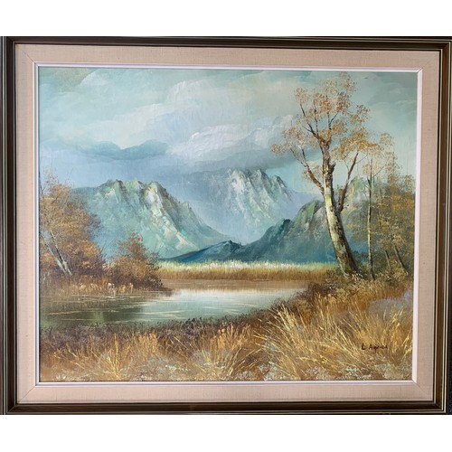 395 - L Ayres (Contemporary), large oil on canvas mountainous landscape, lake to foreground with trees to ... 