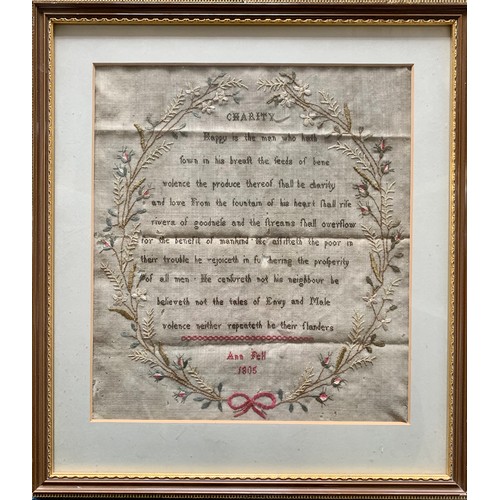 286 - Early 19th Century Embroidery sampler by Ann Fell, 1805. Depicting a poem called ‘Charity’ by Nathan... 