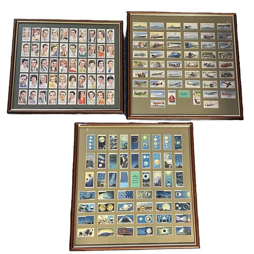 327 - Three framed sets of cigarette cards with Wills Romance of the Heavens, Wills Speed and Player Film ... 