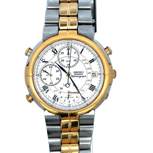 149 - Seiko gents quartz chronograph watch no. 7T32-7AOO. Stainless steel and gold plated case, white dial... 