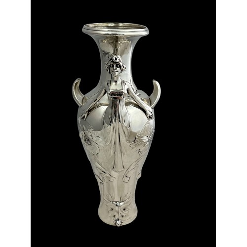 249 - Art Nouveau Loïe Fuller dancer winged vase, chromed pewter (?), with polished finish. Three-dimensio... 