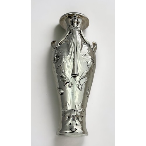 249 - Art Nouveau Loïe Fuller dancer winged vase, chromed pewter (?), with polished finish. Three-dimensio... 