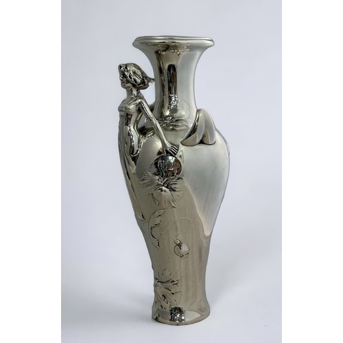 249 - Art Nouveau Loïe Fuller dancer winged vase, chromed pewter (?), with polished finish. Three-dimensio... 