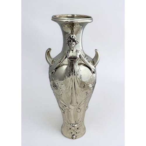 249 - Art Nouveau Loïe Fuller dancer winged vase, chromed pewter (?), with polished finish. Three-dimensio... 