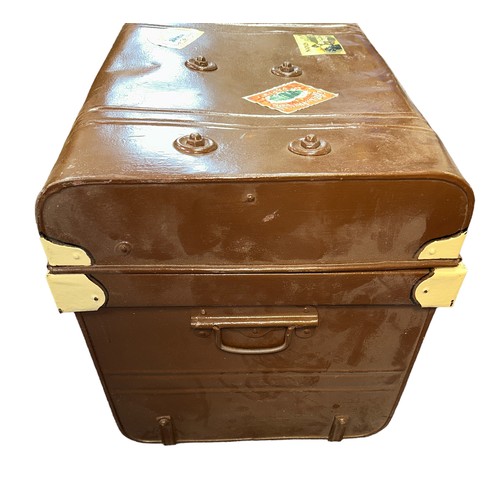 403A - Large vintage metal trunk painted brown finish with reproduction stickers. W64cm x D43cm x H43cm. Co... 