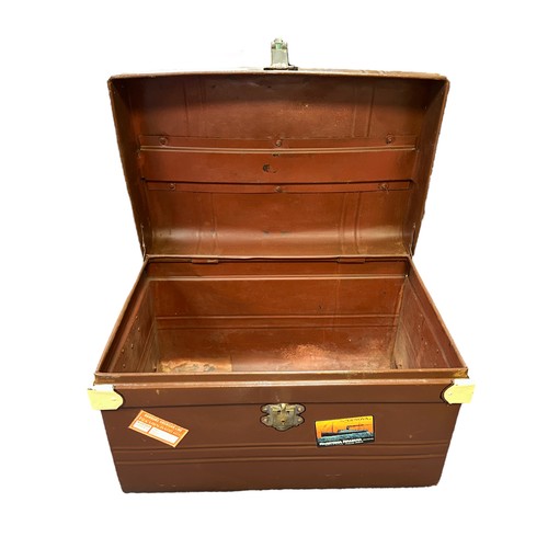 403A - Large vintage metal trunk painted brown finish with reproduction stickers. W64cm x D43cm x H43cm. Co... 