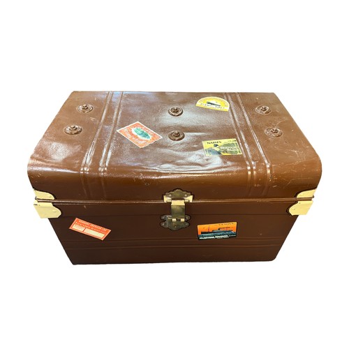 403A - Large vintage metal trunk painted brown finish with reproduction stickers. W64cm x D43cm x H43cm. Co... 