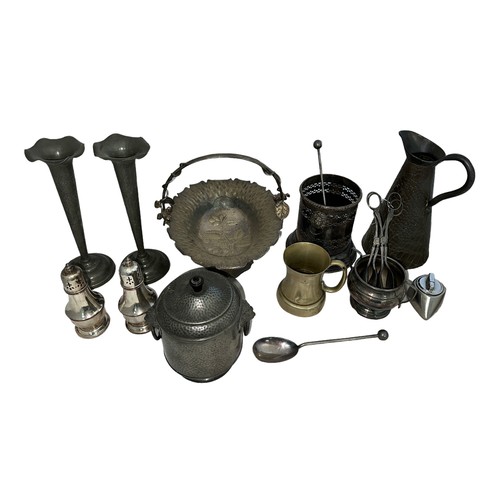 209A - Collection of silver plated & pewter items etc, with bottle holder, sugar sifters (2), a pair of vas... 