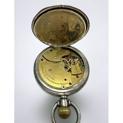 157 - A Victorian Waltham silver pocket watch with Albert chain. Pocket watch with white enamel dial (with... 