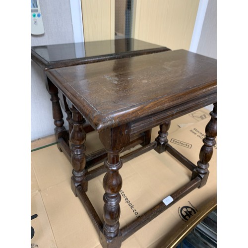 423 - Two oak coffin stools Victorian / early 20th Century, heights approx. 52cm, width 53cm, depth 27 & 2... 