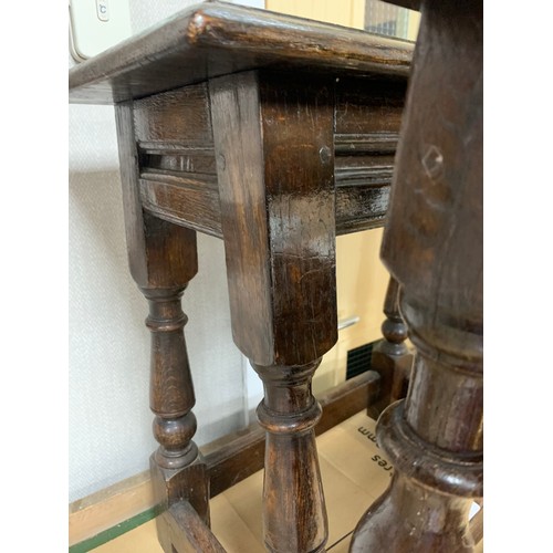 423 - Two oak coffin stools Victorian / early 20th Century, heights approx. 52cm, width 53cm, depth 27 & 2... 