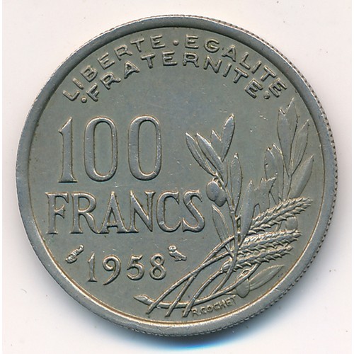 231 - 1958 One hundred Francs coin with Owl privy mark, extremely fine. Rare coin.