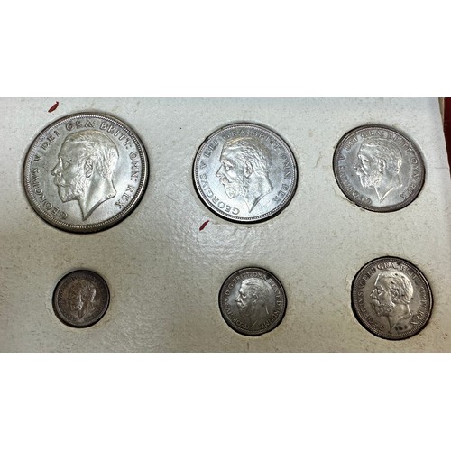 223 - George V Great Britain 1927 silver six coin proof set wreath crown to threepence, housed in a red ca... 