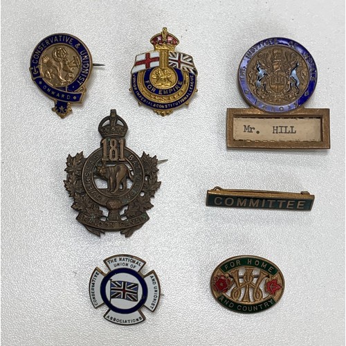 99 - Small range of Military badges to include; 181st Overseas Battalion Brandon Canada pin back, enamels... 