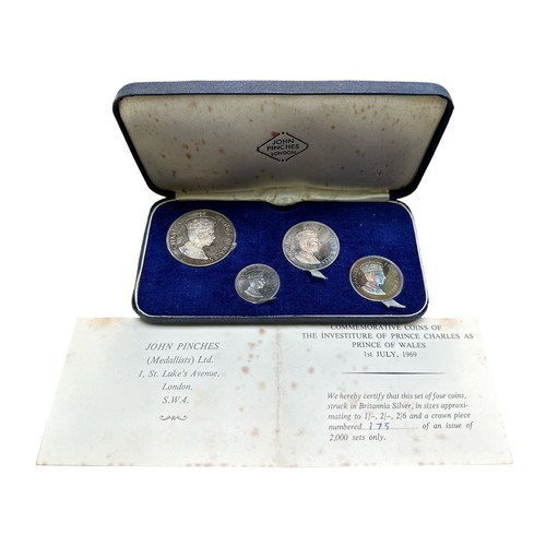 182 - 1969 Prince Charles Investiture cased set of four Britannia silver medals (sizes approximating to 1/... 