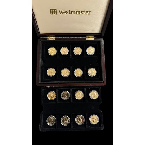 262 - World coin and medallion collection with case set of 16 gold plated US Presidential Dollars with Wes... 