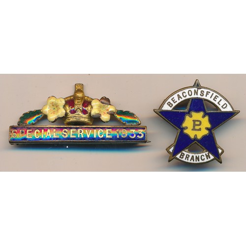 156 - Primrose League badges. Scarce Beaconsfield Branch and Special Service 1933 Bar badge. Both badges i... 