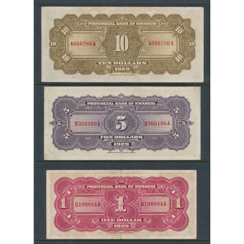 306 - Provincial Bank of Kwangsi 1929 set of 3, about very fine with $10, $5 and $1.