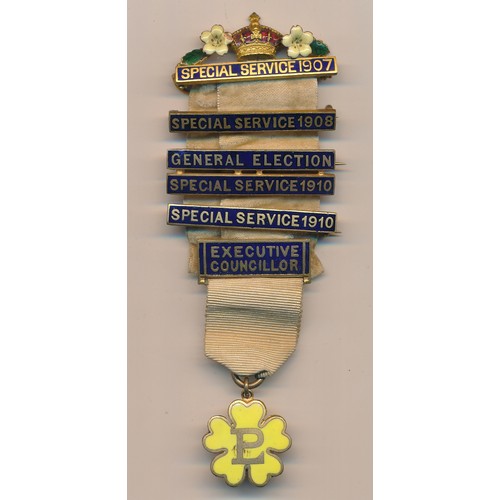 160 - Primrose League Bar Badges on Ribbon. Special Service 1907 Bar, Special service 1908 Bar, General El... 