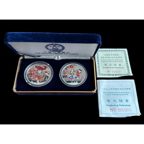 272 - China – The Peoples Bank of China 10 Yuan Greeting of Spring silver 1oz coloured coin pair. With cer... 