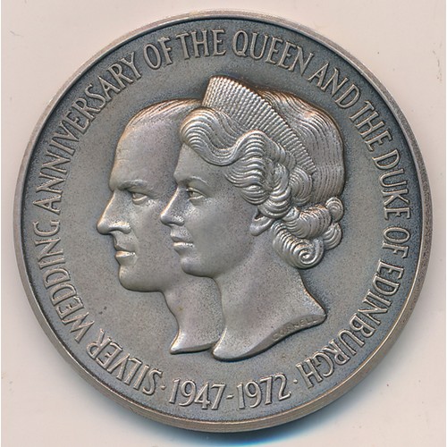 165 - 1972 The Queen's 25th Wedding Anniversary 51mm silver medal, in John Pinches case of issue. 62g.