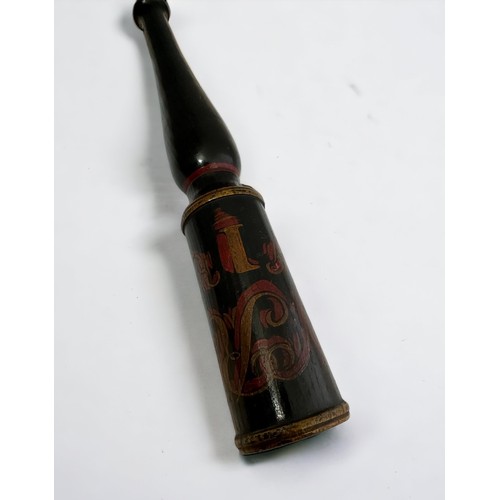 107 - Victorian hardwood Railway / Police truncheon, unusual shape, hand painted in red and yellow, VR ins... 