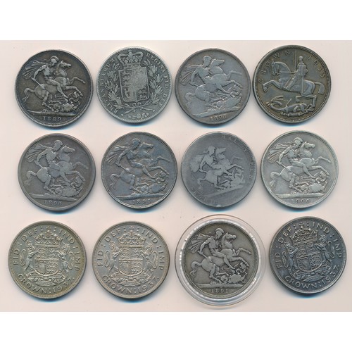 196 - Collection of silver crowns (12), in mixed condition with 182?, 1821, 1844, 1889, 1890, 1891, 1895, ... 