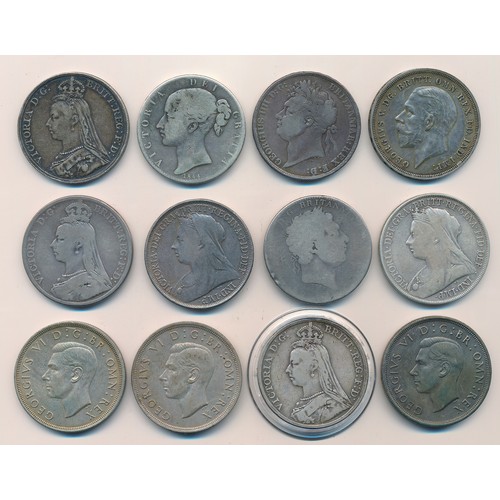 196 - Collection of silver crowns (12), in mixed condition with 182?, 1821, 1844, 1889, 1890, 1891, 1895, ... 