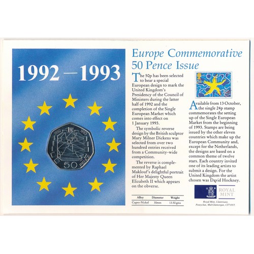 249 - 1992/1993 dual date 50p uncirculated on Europe Commemorative cover by Royal Mint.