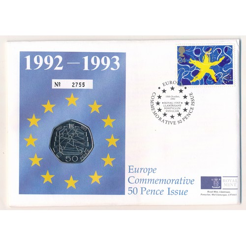 249 - 1992/1993 dual date 50p uncirculated on Europe Commemorative cover by Royal Mint.