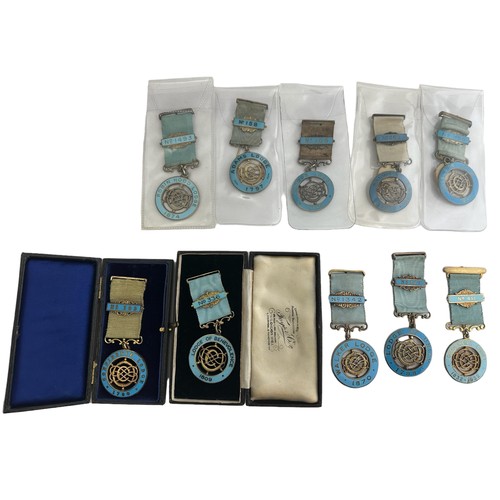 148 - A collection of 10 Masonic Centenary jewels, all hallmarked silver.  Includes: Walker Lodge No. 1342... 