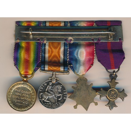 7 - First World War, miniature Medal group including 1914-15 Star Trio, plus OBE. Mounted as worn. (4)
