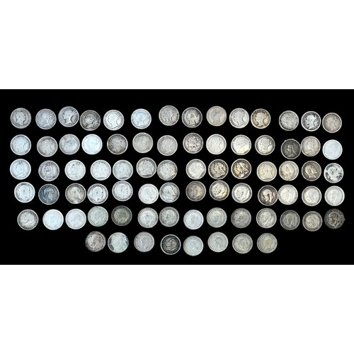 200 - Collection of silver threepences (78), in mixed condition, all different dates with 1836, 1839, 1855... 