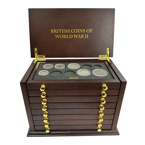 202A - British Coins of World War II set in wooden 8 drawer chest, with half crown to farthing sets (some c... 