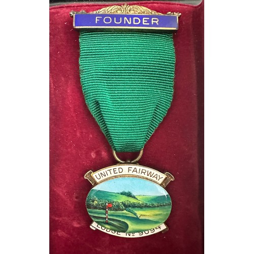 150A - Silver and enamel Founders jewel for United Fairway Lodge No. 9094. Enamel picture depicting a golf ... 