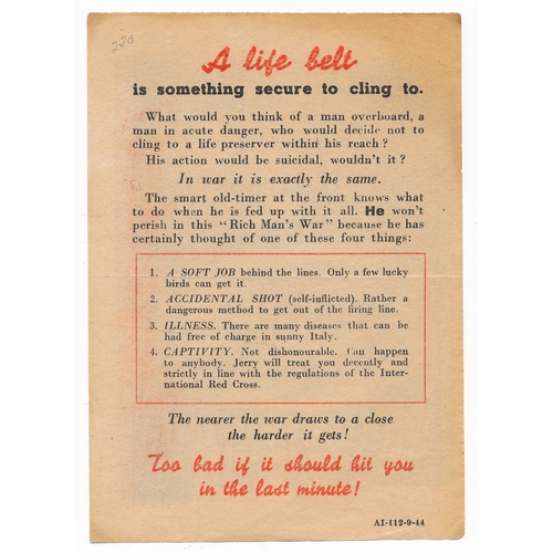 129 - Danger ahead! -  Second World War German airborne Propaganda leaflet. Front depicts a lie ring above... 