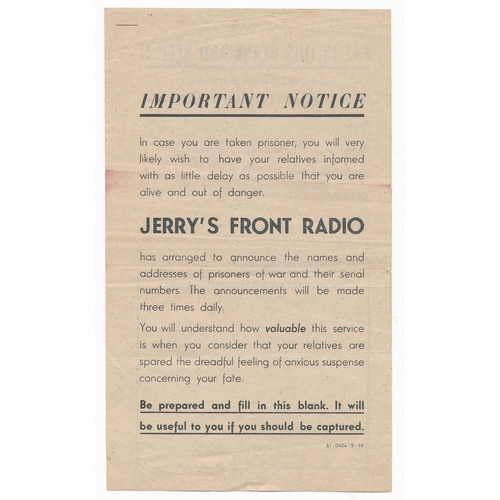 135 - Jerry's Front Radio - Second World War German airborne Propaganda leaflet. Self fill-in airborne lea... 