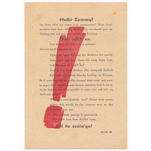 143 - Hello Tommy! - Second World War German airborne Propaganda leaflet. Text-based propaganda leaflet in... 