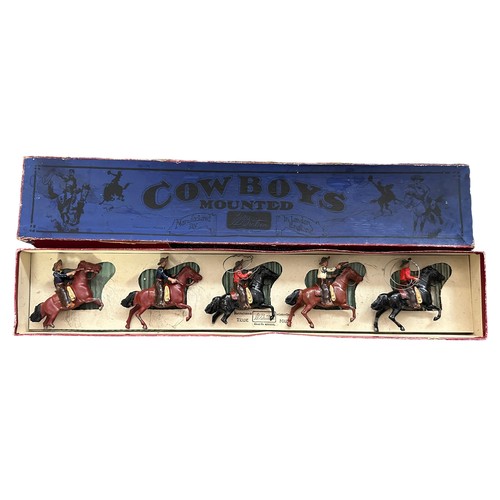 182 - Pre War Britains Wild West mounted 5-piece lead sets, generally good (some missing or broken pieces)... 