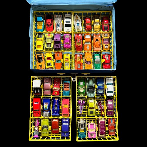 99 - Matchbox carry case (Muira and BMC illustration, darker blue) and inner yellow trays (4) including m... 