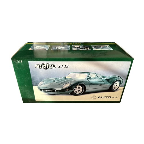 14 - Autoart 1/18th Jaguar XK13 green No. 73541, generally excellent in excellent to good plus box includ... 