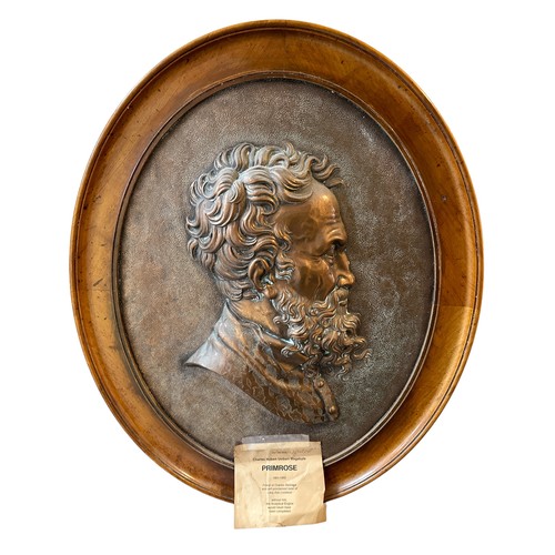 305 - Charles Hubert Umbert Megabyte Primrose (1801-1902), founder copper portrait plaque, an oval plaque ... 