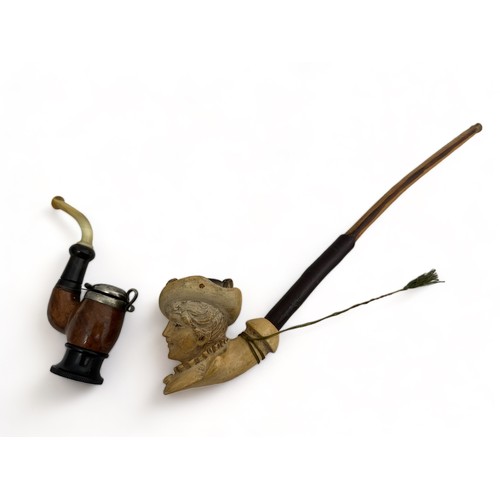 293 - A Meersham pipe modelled as a lady wearing a hat, approx 29cm. Offered together with a Bruyere  Rex ... 